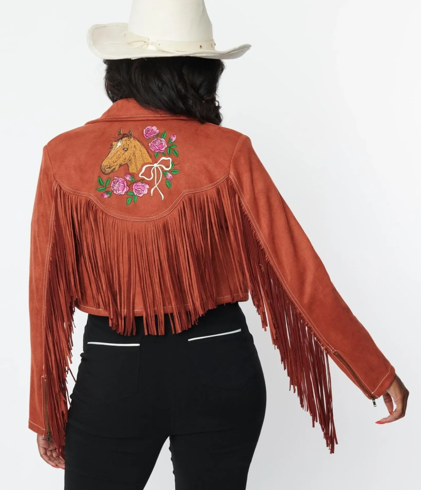 Unique Vintage Coats & Jackets>1970s Rust Suede & Embroidered Horse Cattle Call Jacket