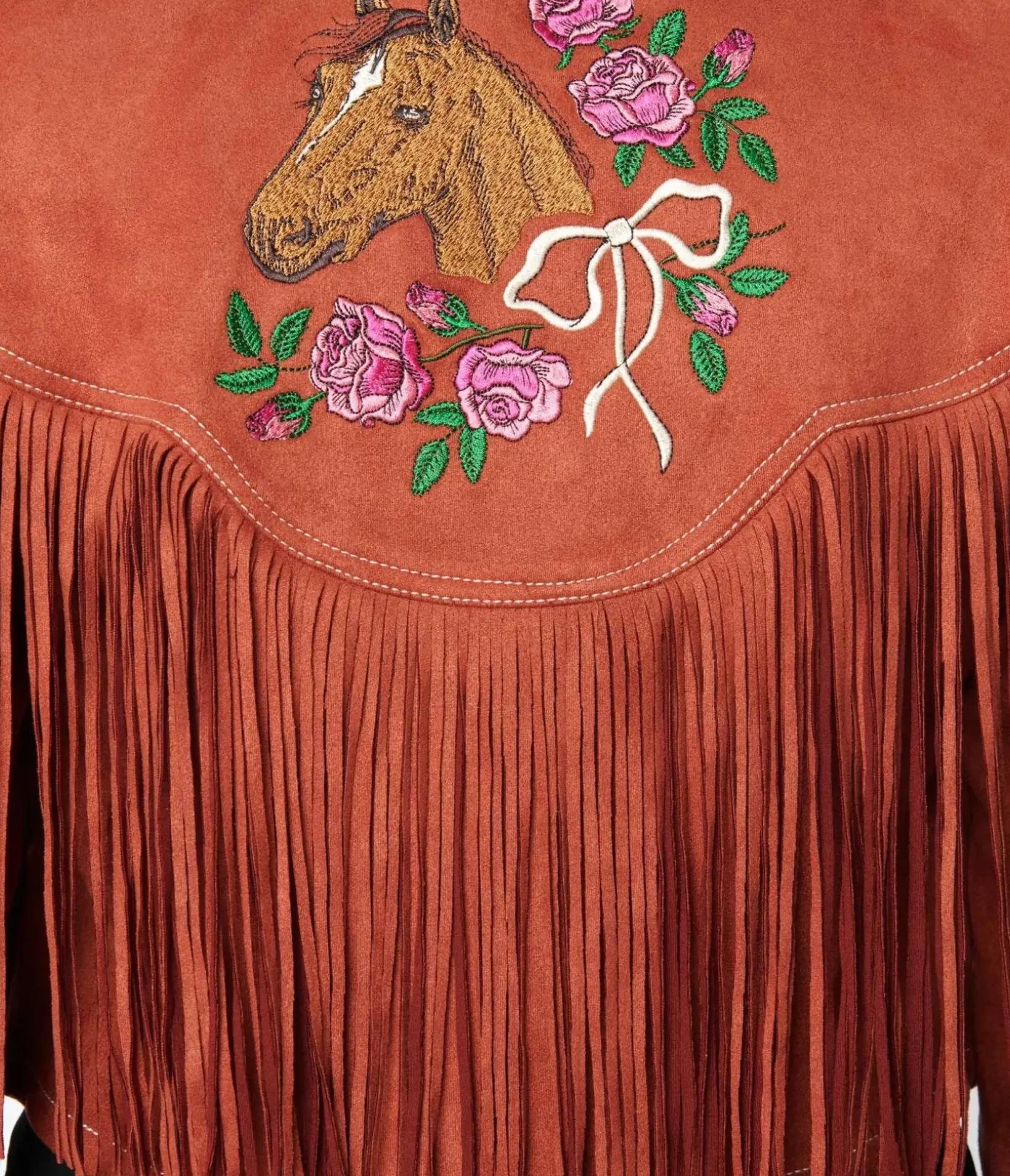 Unique Vintage Coats & Jackets>1970s Rust Suede & Embroidered Horse Cattle Call Jacket