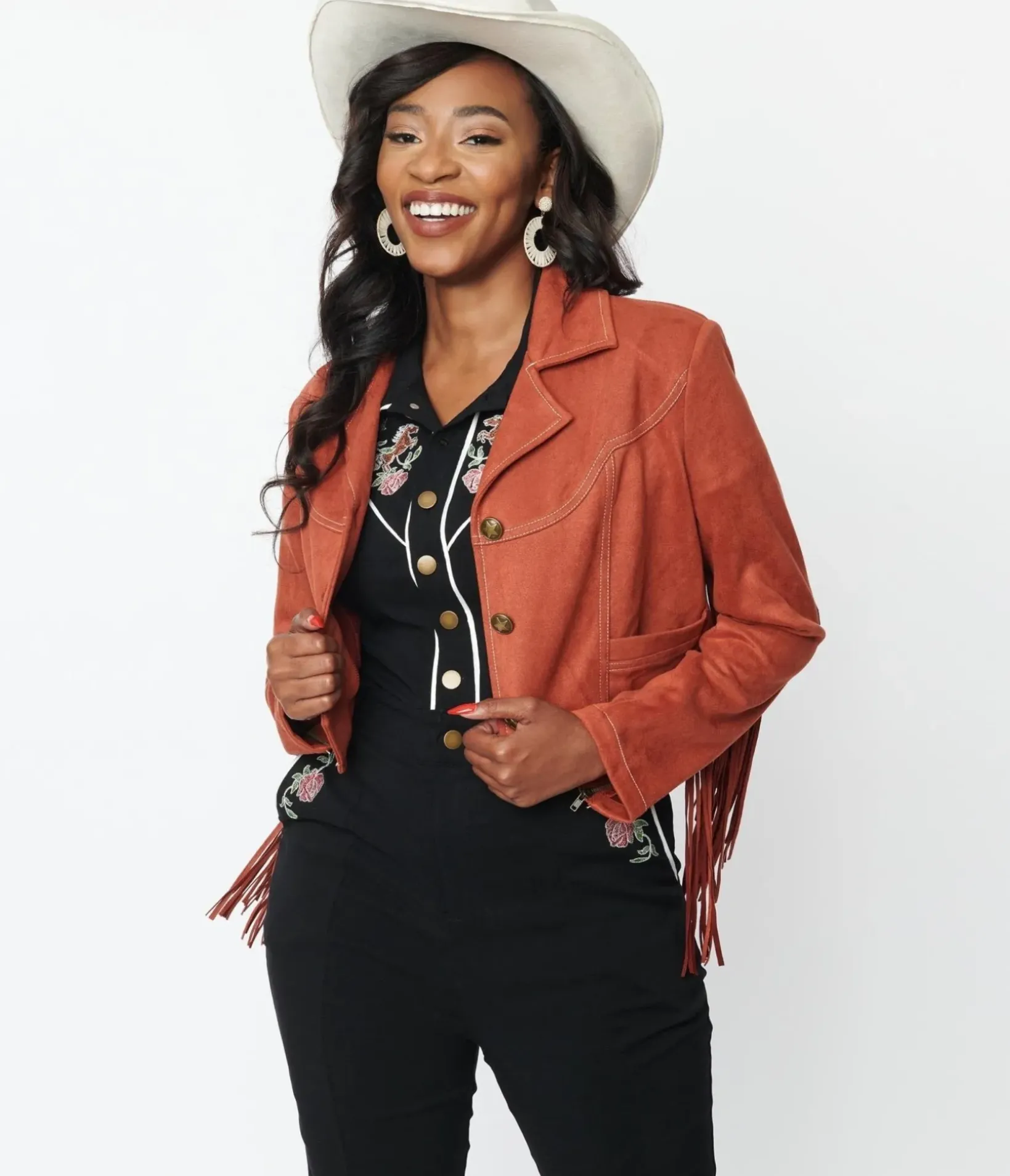 Unique Vintage Coats & Jackets>1970s Rust Suede & Embroidered Horse Cattle Call Jacket