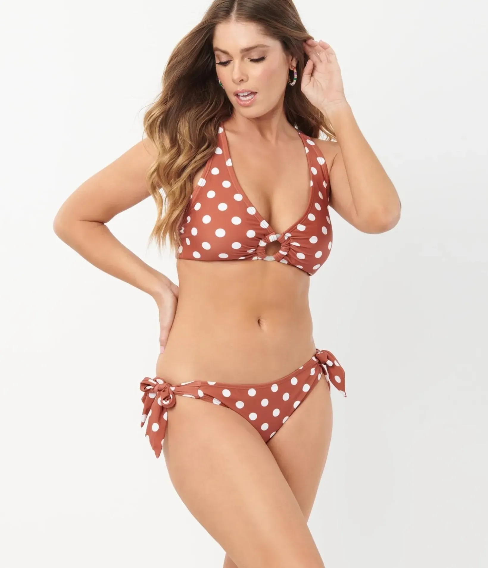 Unique Vintage Swim Bottoms|Two Piece Swim>1970s Rust & White Dot Sweet & Sash-y Swim Bottom