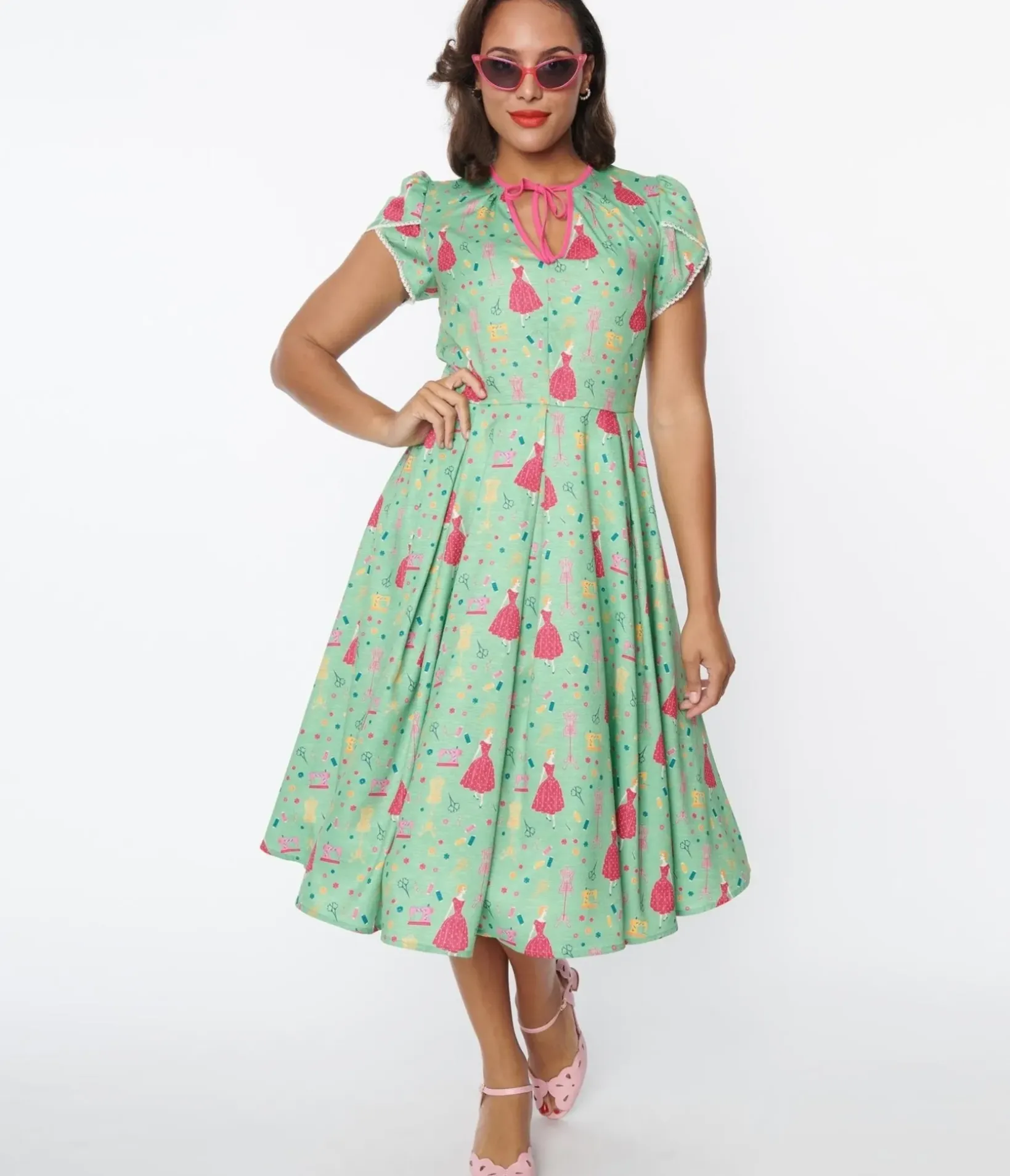 Unique Vintage Swing|Pocket Dresses>1940s Sage & Retro Sewing Print Dahlia Swing Dress