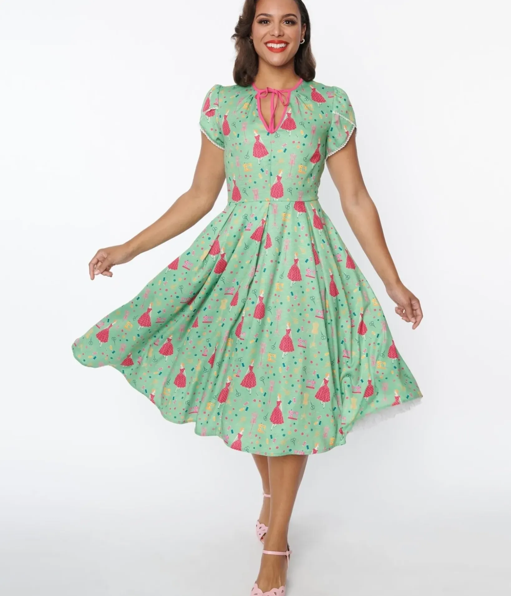 Unique Vintage Swing|Pocket Dresses>1940s Sage & Retro Sewing Print Dahlia Swing Dress