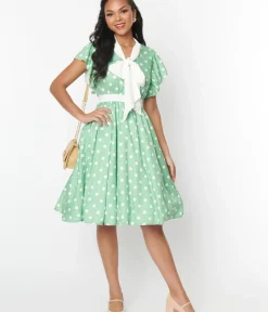 Unique Vintage Swing|Pocket Dresses>1940s Sage & White Polka Dot Flutter Swing Dress