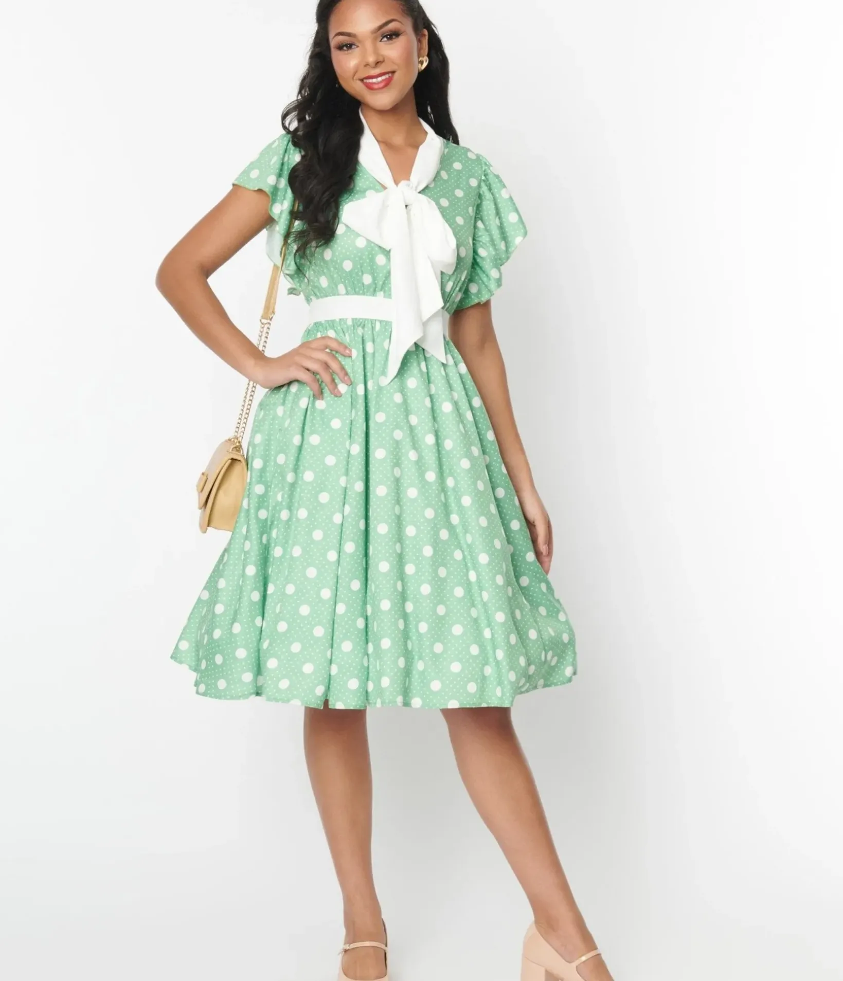 Unique Vintage Swing|Pocket Dresses>1940s Sage & White Polka Dot Flutter Swing Dress