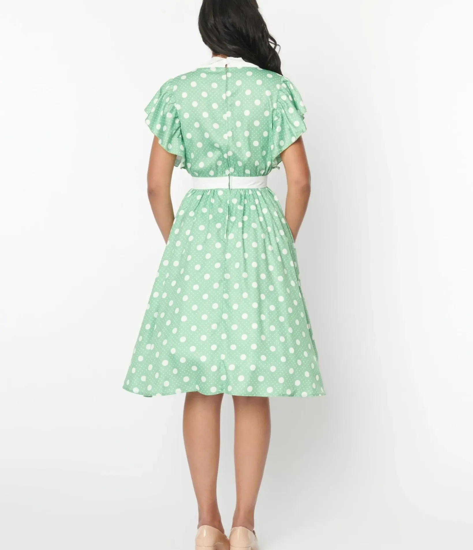 Unique Vintage Swing|Pocket Dresses>1940s Sage & White Polka Dot Flutter Swing Dress