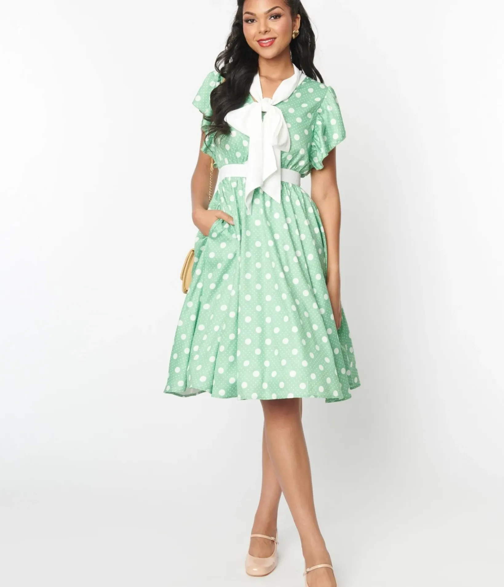 Unique Vintage Swing|Pocket Dresses>1940s Sage & White Polka Dot Flutter Swing Dress