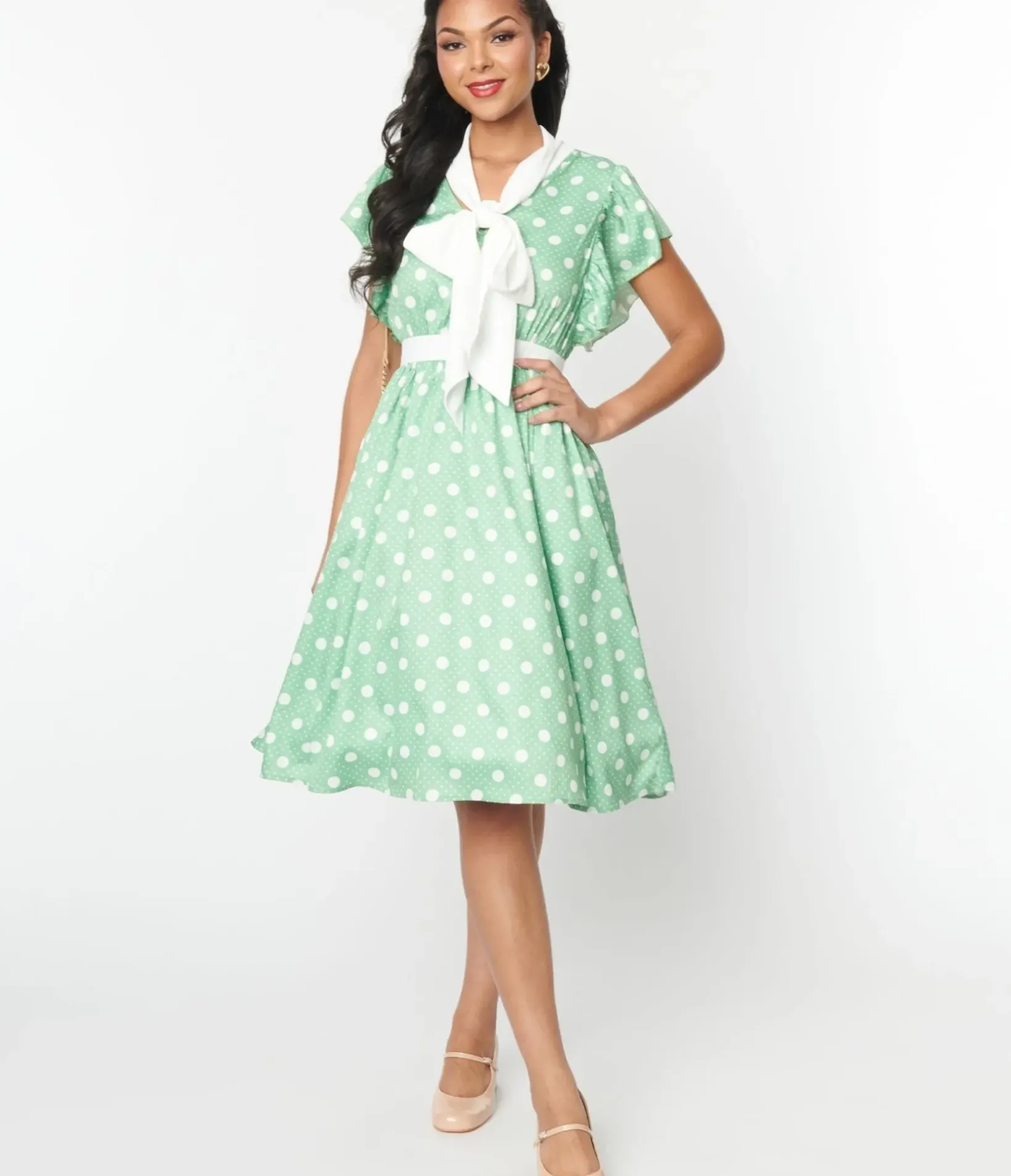 Unique Vintage Swing|Pocket Dresses>1940s Sage & White Polka Dot Flutter Swing Dress