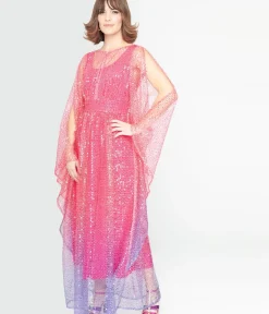 Unique Vintage Maxi|Caftans>1970s Sheer Pink & Purple Ombre Sequin Flutter Sleeve Caftan