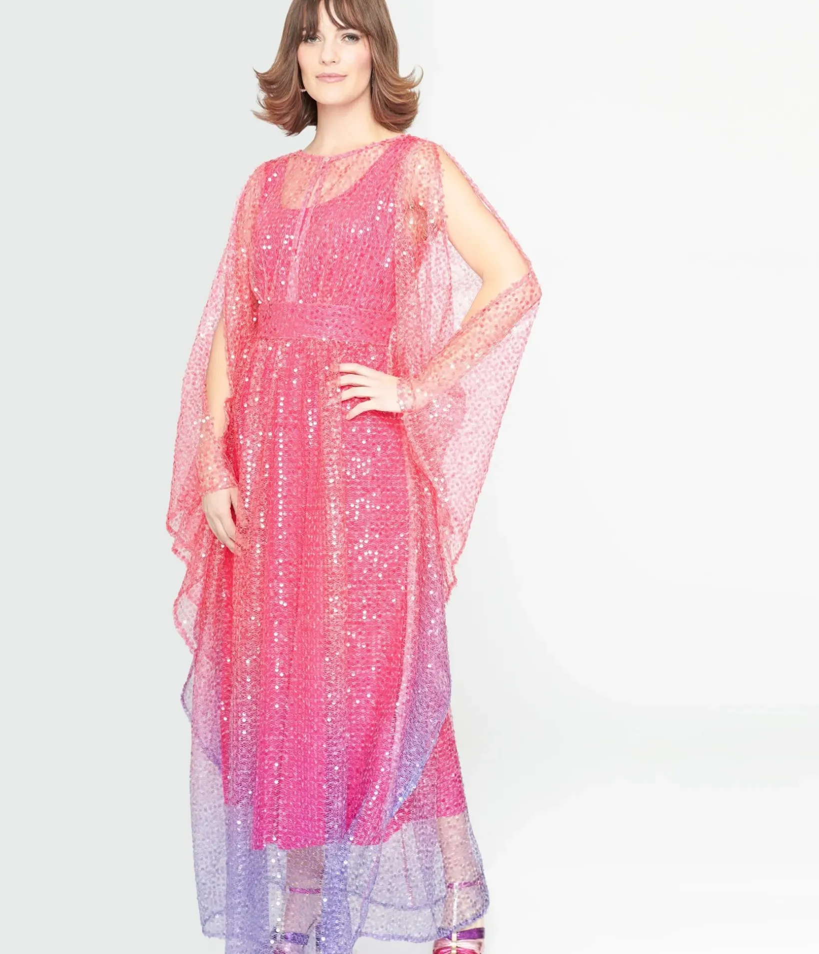 Unique Vintage Maxi|Caftans>1970s Sheer Pink & Purple Ombre Sequin Flutter Sleeve Caftan