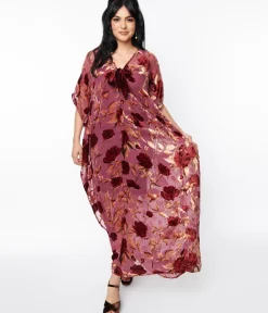Unique Vintage Caftans|Caftans>1970s Sheer Red Rose Velvet Burnout Bow Front Caftan