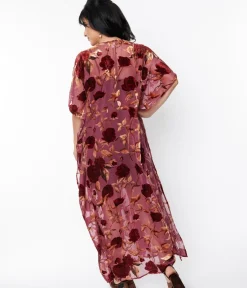 Unique Vintage Caftans|Caftans>1970s Sheer Red Rose Velvet Burnout Bow Front Caftan