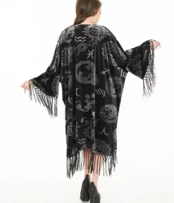 Unique Vintage Jackets|Coats & Jackets>1920s Silver & Black Velvet Zodiac Fringe Kimono