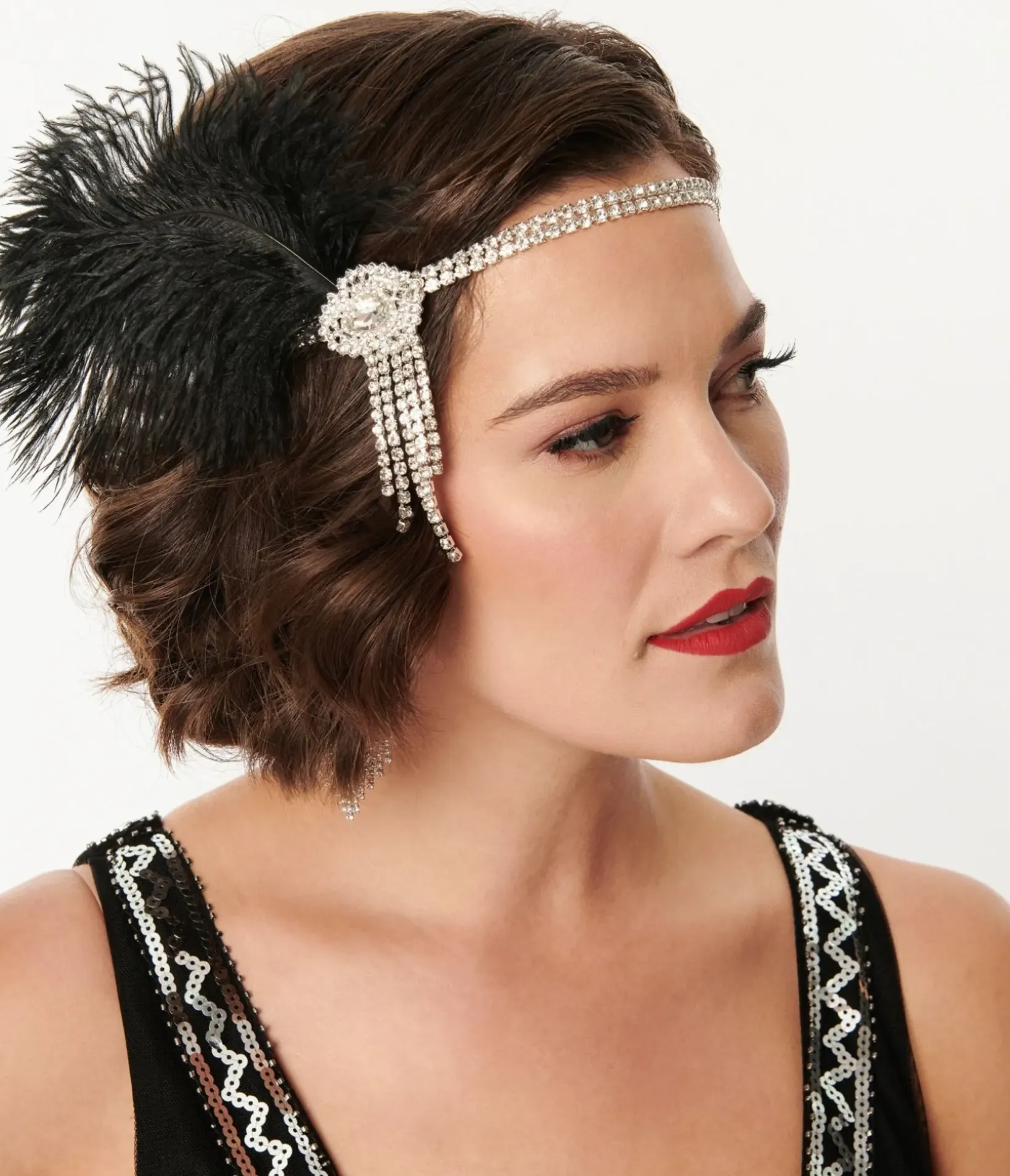 Unique Vintage Special Occasion|Flapper Accessories>1920s Silver Rhinestone & Black Feather Headband
