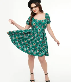 Unique Vintage Swing|Pocket Dresses>1950s Teal Cat Print Swing Dress