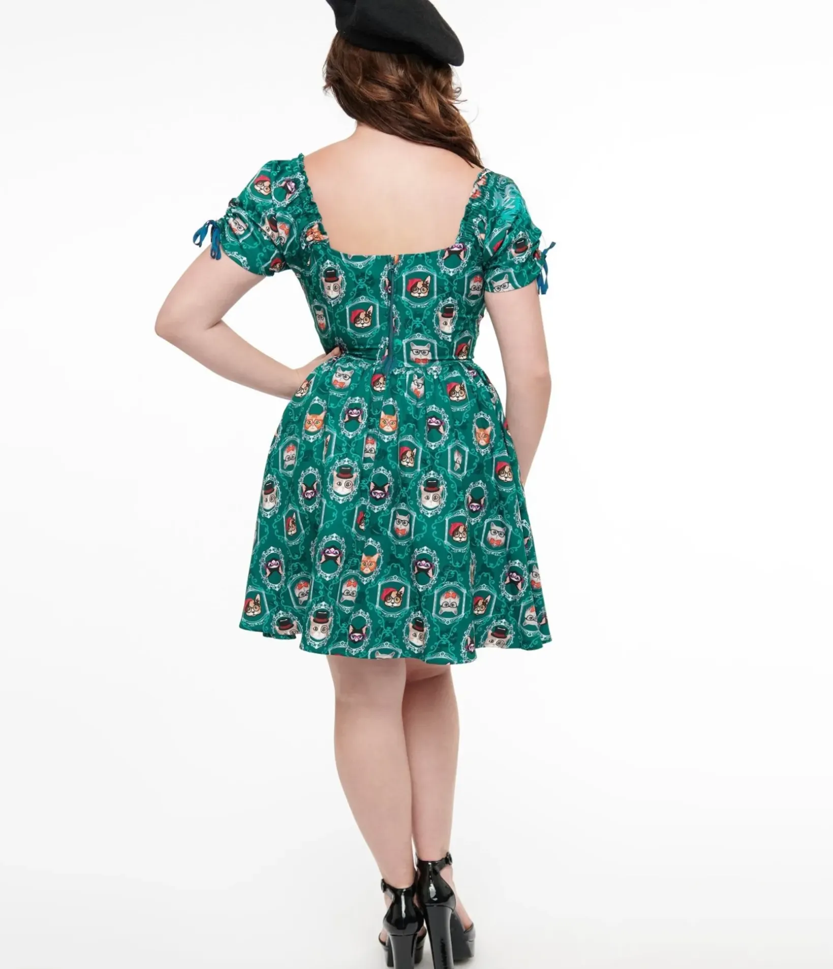 Unique Vintage Swing|Pocket Dresses>1950s Teal Cat Print Swing Dress