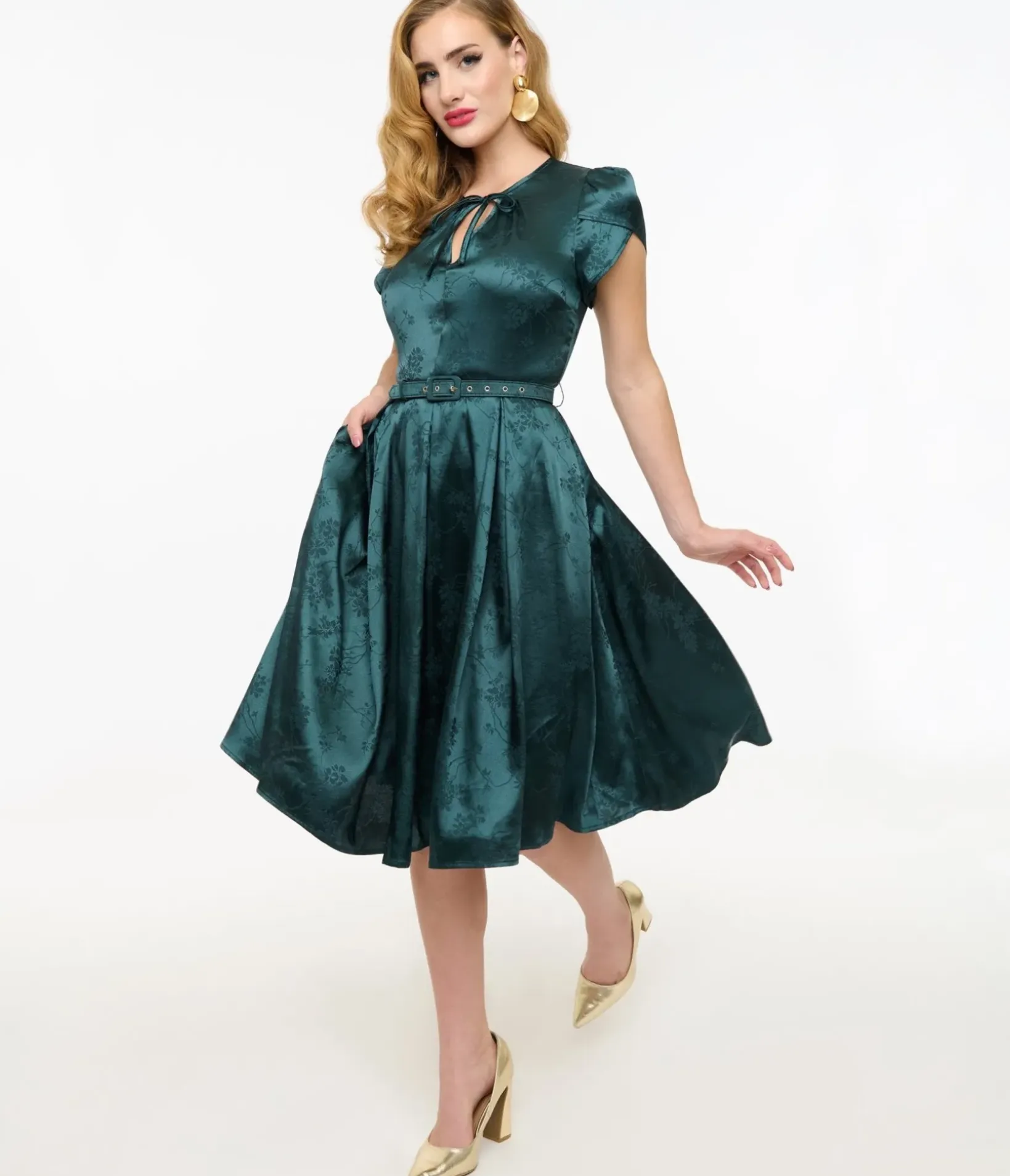 Unique Vintage Swing|Pocket Dresses>1940s Teal Floral Print Dahlia Swing Dress