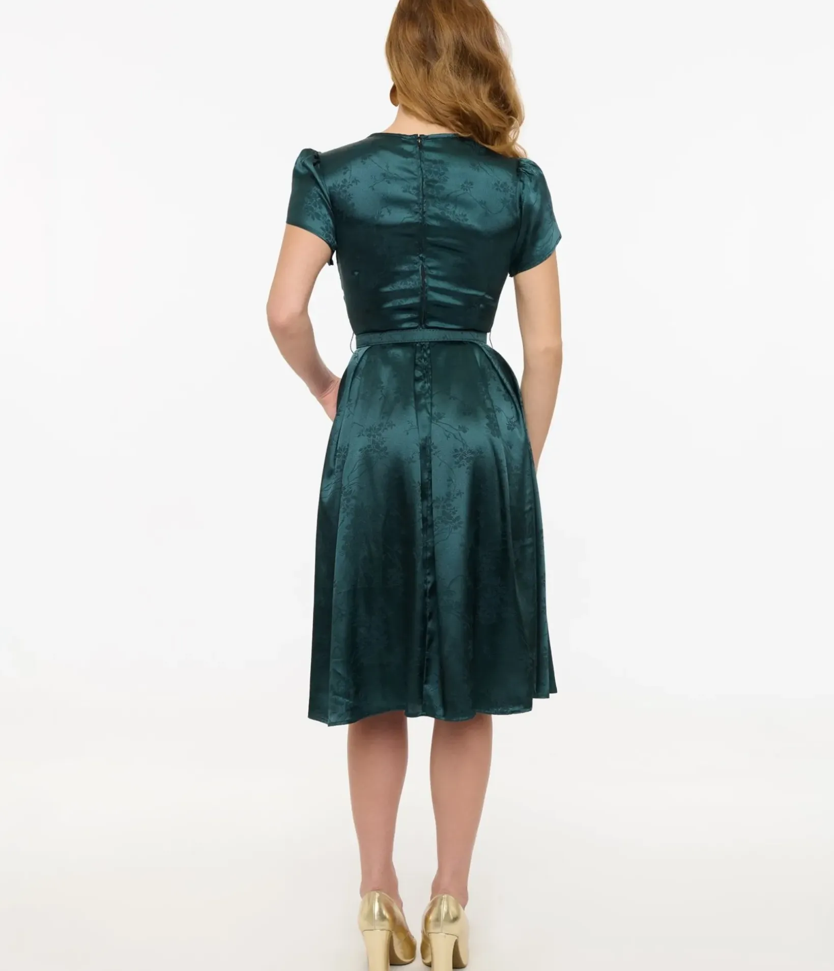 Unique Vintage Swing|Pocket Dresses>1940s Teal Floral Print Dahlia Swing Dress