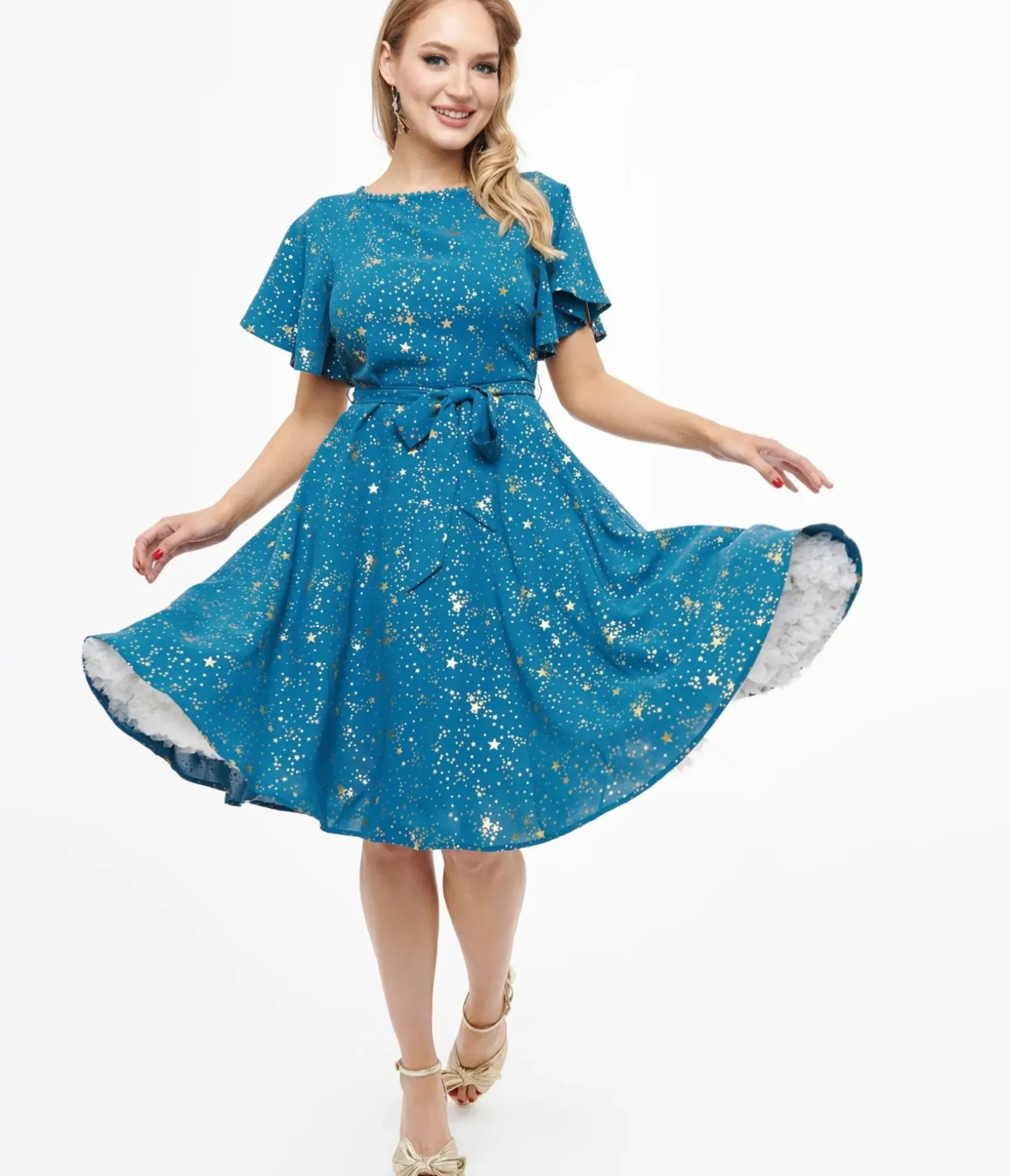 Unique Vintage Swing|Everyday Dresses>1930s Teal & Gold Star Swing Dress