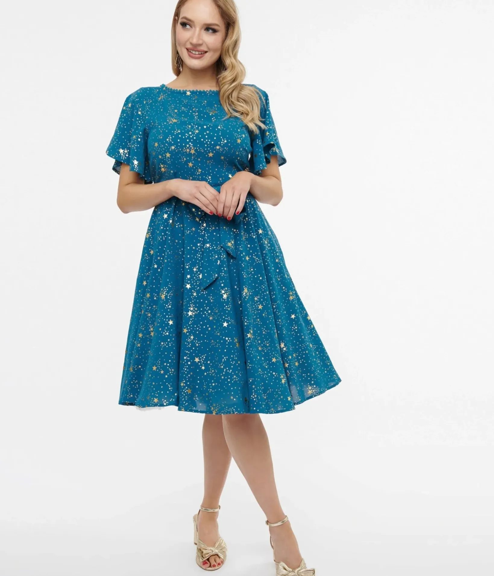 Unique Vintage Swing|Everyday Dresses>1930s Teal & Gold Star Swing Dress