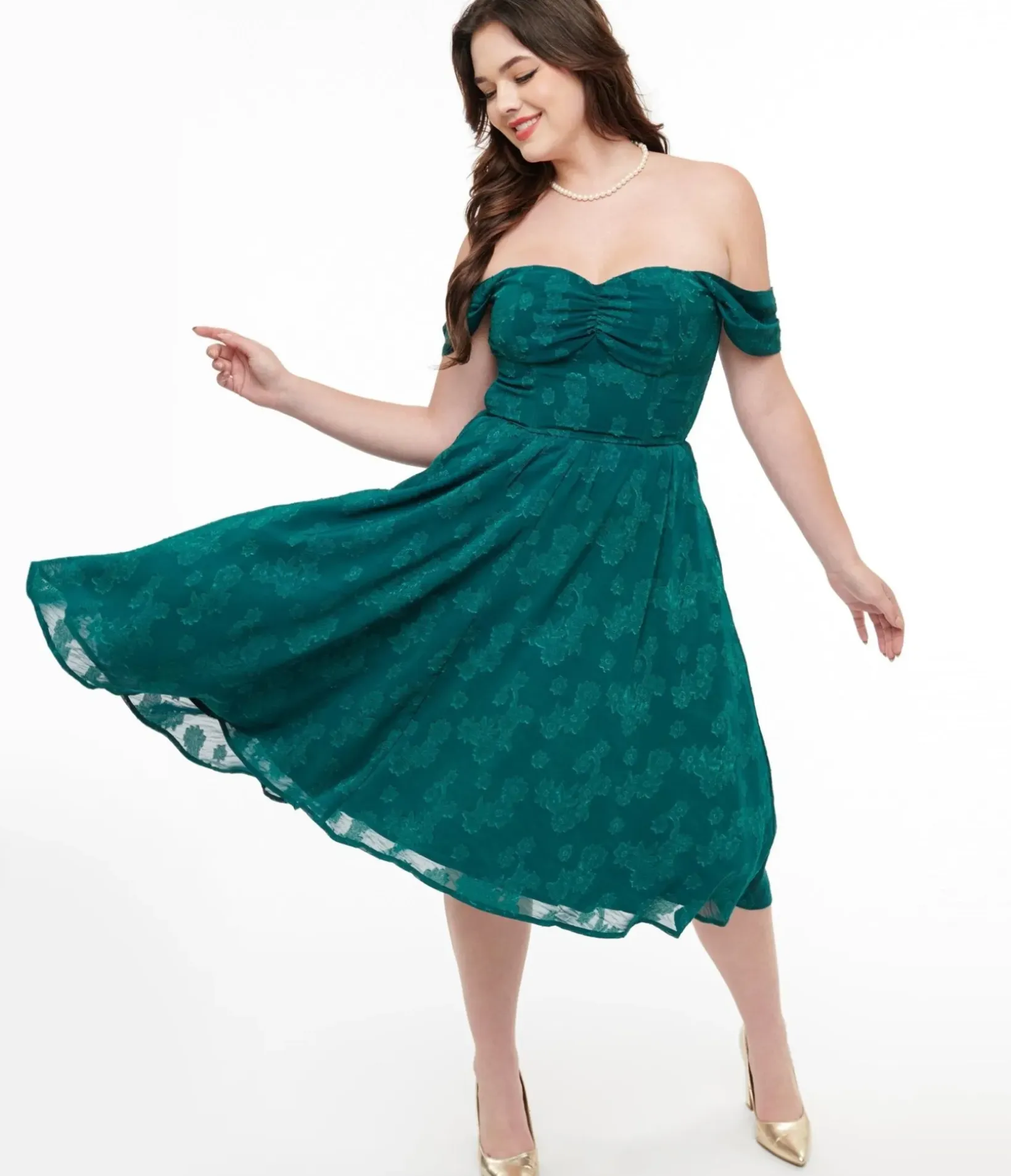 Unique Vintage Fit & Flare|Pocket Dresses>1950s Teal Jacquard Off Shoulder Flare Dress