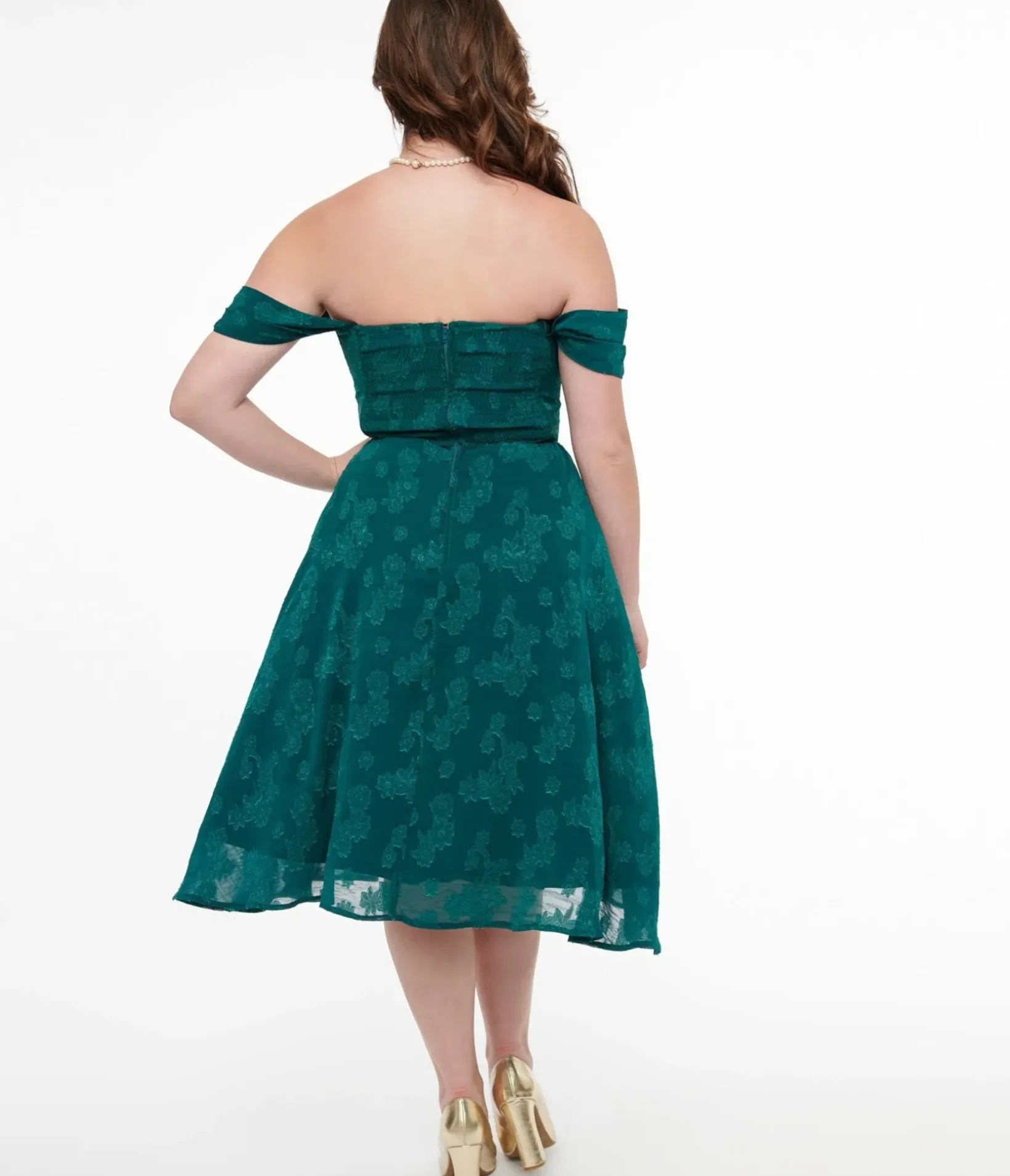 Unique Vintage Fit & Flare|Pocket Dresses>1950s Teal Jacquard Off Shoulder Flare Dress