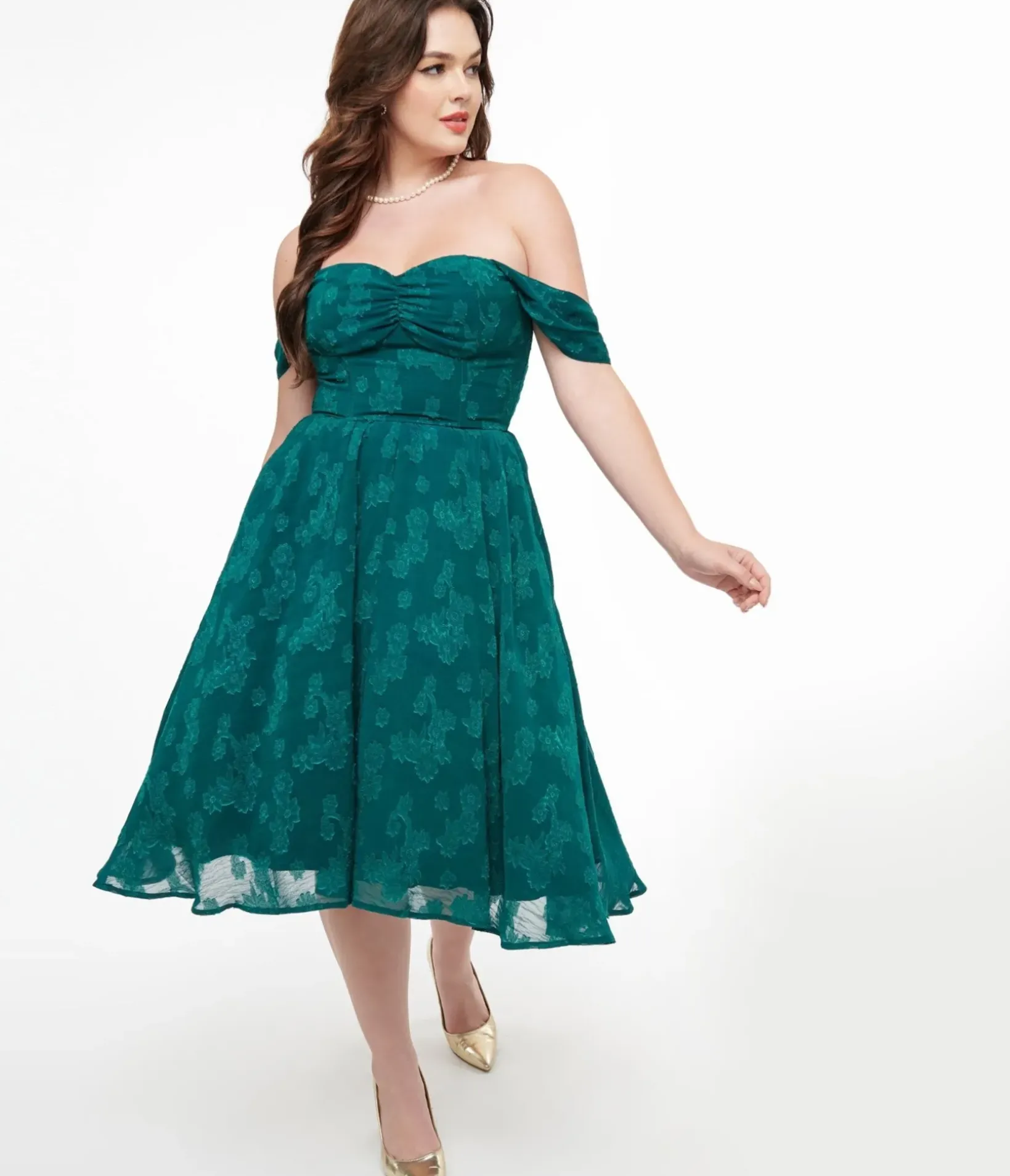 Unique Vintage Fit & Flare|Pocket Dresses>1950s Teal Jacquard Off Shoulder Flare Dress