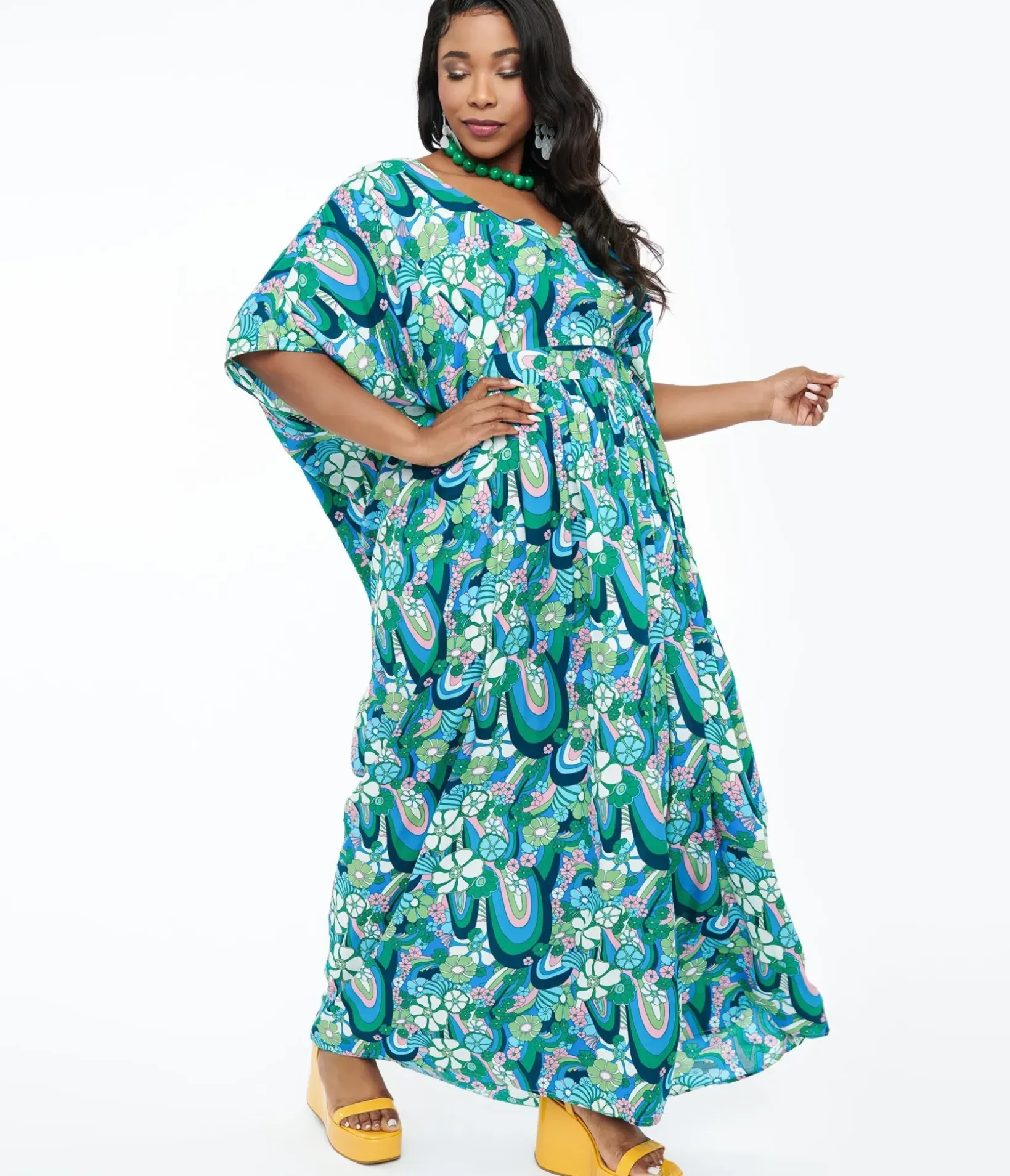 Unique Vintage Maxi|Caftans>1970s Teal Psychedelic Floral Burton Caftan Dress
