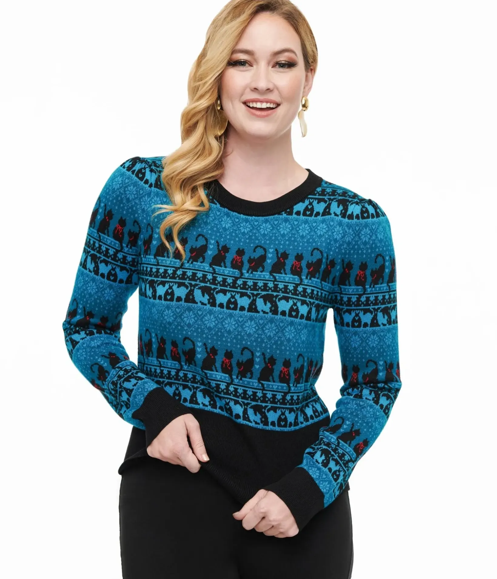 Unique Vintage Sweaters & Cardigans>1950s Teal Snowflakes & Cats Sweater