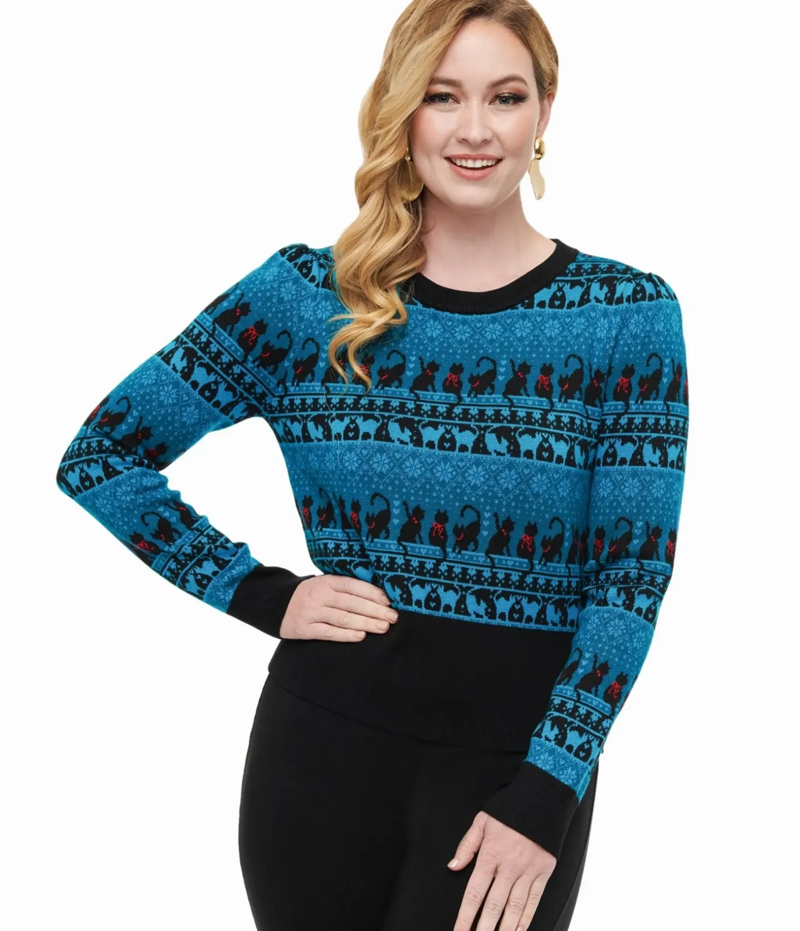 Unique Vintage Sweaters & Cardigans>1950s Teal Snowflakes & Cats Sweater