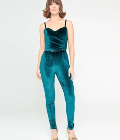 Unique Vintage Rompers & Jumpsuits>1970s Teal Velvet Jumpsuit