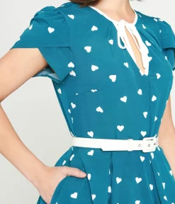 Unique Vintage Swing|Pocket Dresses>1940s Teal & White Heart Dahlia Swing Dress