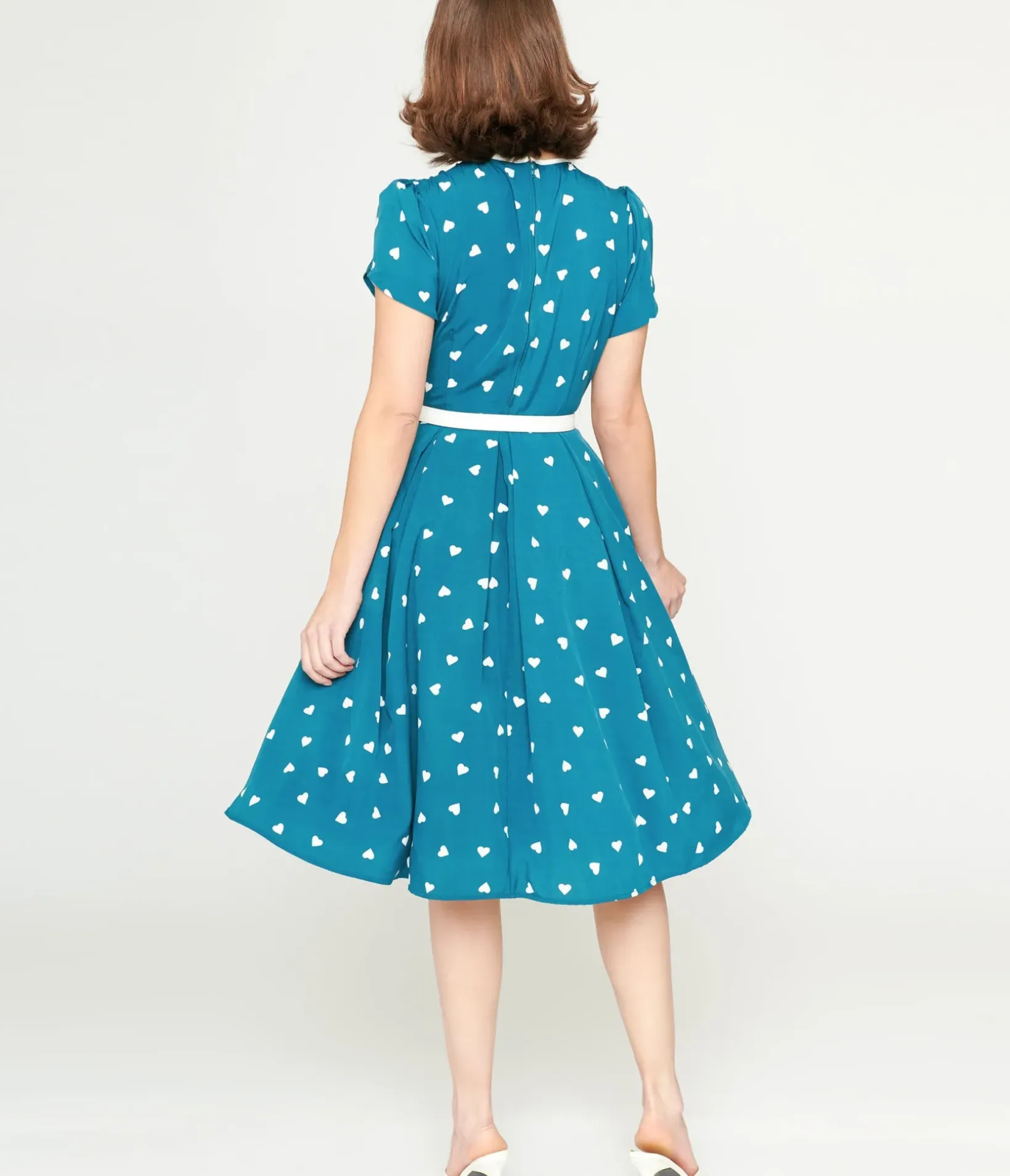 Unique Vintage Swing|Pocket Dresses>1940s Teal & White Heart Dahlia Swing Dress