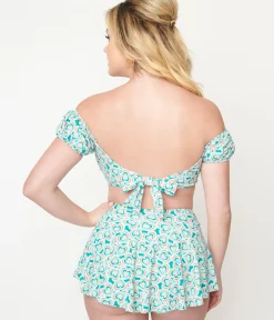 Unique Vintage Swim Tops|Two Piece Swim>1940s Turquoise Retro Hearts Off The Shoulder Swim Top
