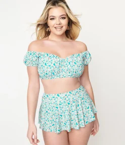Unique Vintage Swim Bottoms|Two Piece Swim>1950s Turquoise Retro Hearts Swim Skirt
