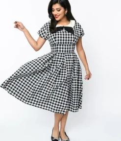 Unique Vintage Swing|Pocket Dresses>1950s White & Black Gingham Swing Dress