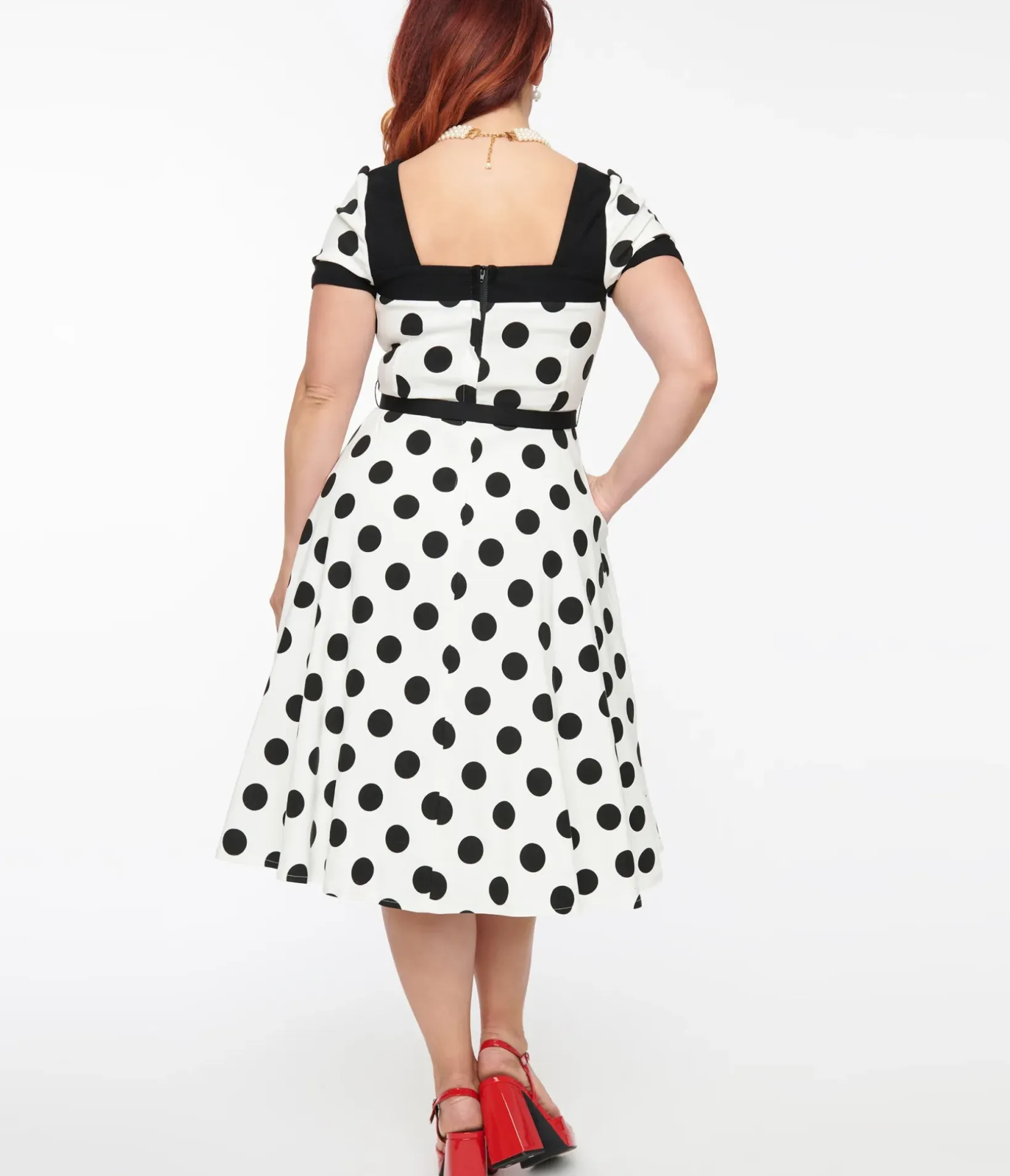 Unique Vintage Swing|Pocket Dresses>1950s White & Black Polka Dot Swing Dress