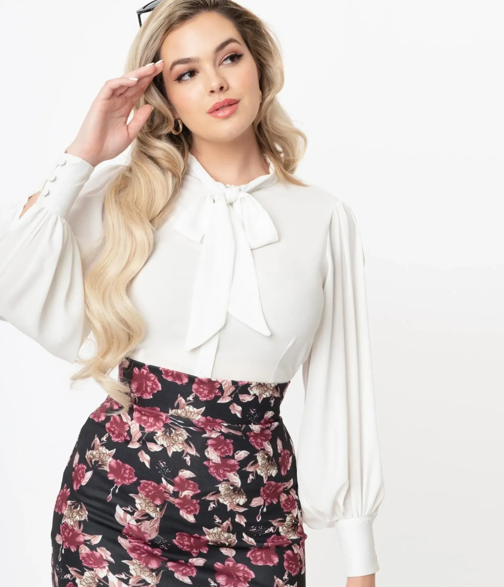 Unique Vintage Blouses|Work Wear>1940s White Neck Tie Gwen Blouse