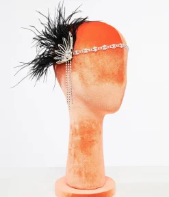 Unique Vintage Special Occasion|All Things Black>1920s White Rhinestone & Black Feather Flapper Headband