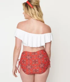 Unique Vintage Swim Tops|Two Piece Swim>1950s White Ruffled Ramona Swim Top