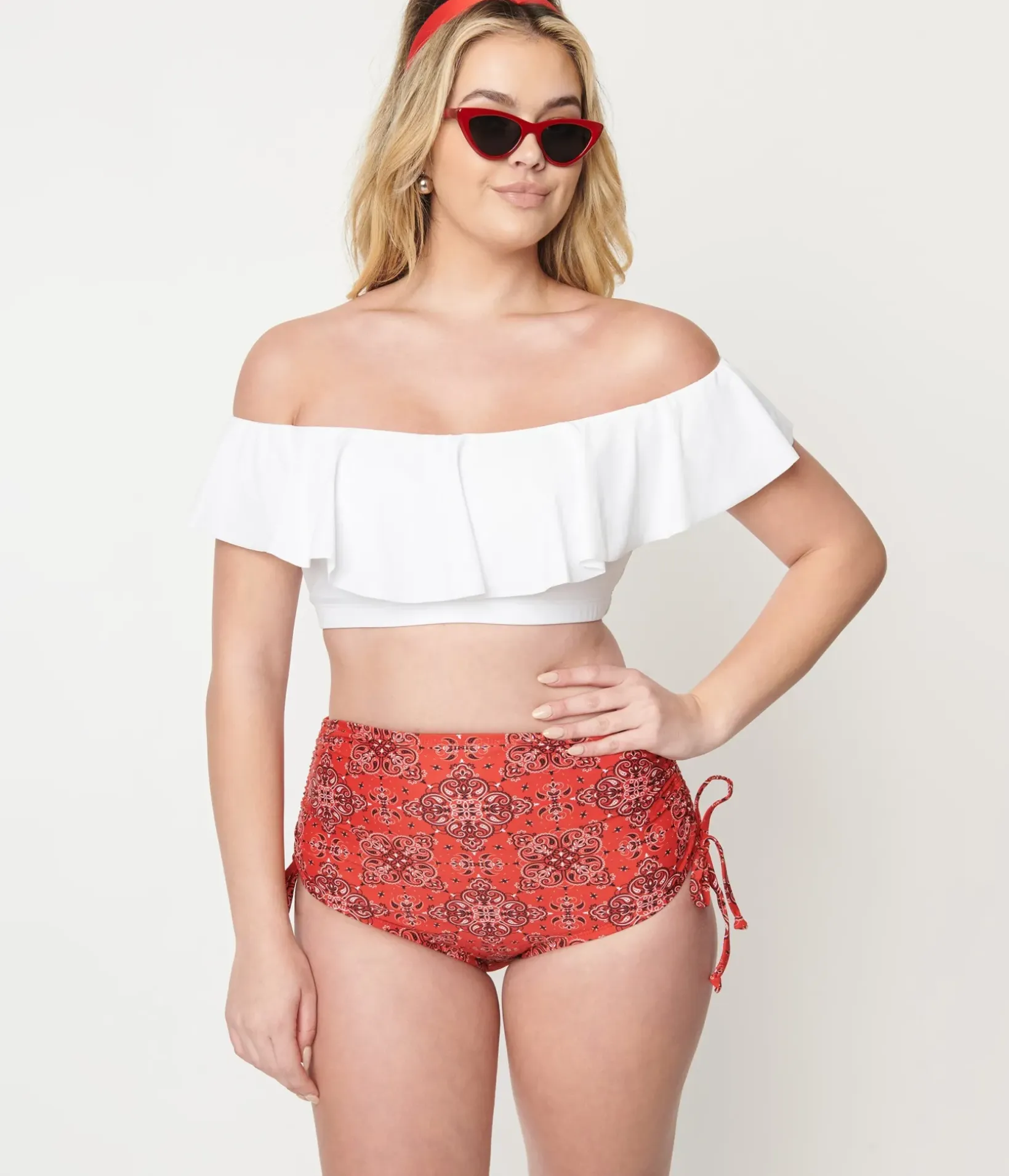 Unique Vintage Swim Tops|Two Piece Swim>1950s White Ruffled Ramona Swim Top