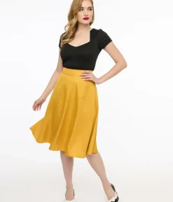 Unique Vintage Skirts>1950s Yellow High Waist Vivien Swing Skirt