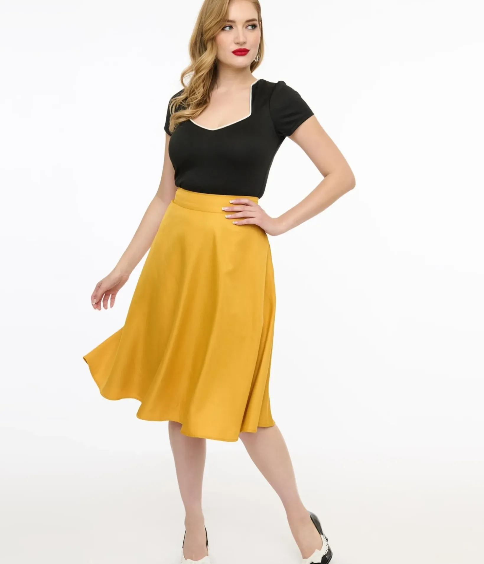 Unique Vintage Skirts>1950s Yellow High Waist Vivien Swing Skirt