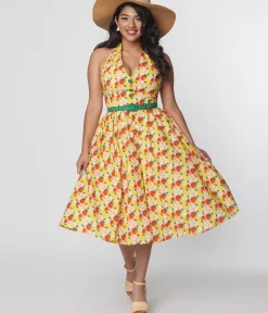 Unique Vintage Swing|Pocket Dresses>1950s Yellow & Red Apple Print Cotton Halter Swing Dress