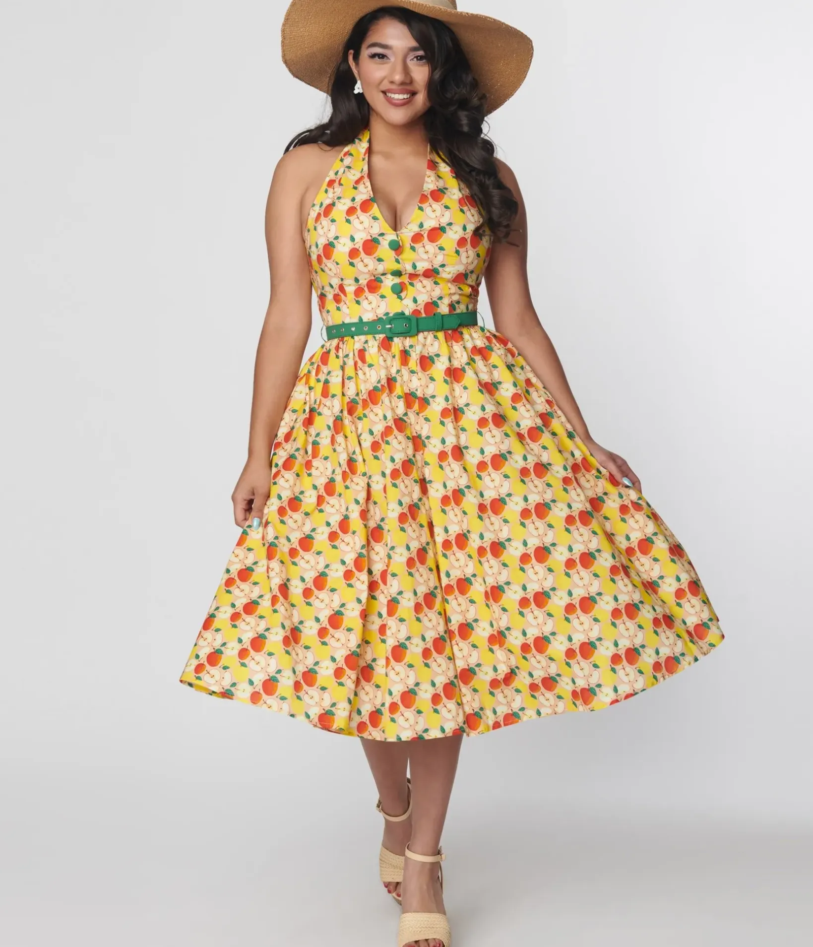 Unique Vintage Swing|Pocket Dresses>1950s Yellow & Red Apple Print Cotton Halter Swing Dress