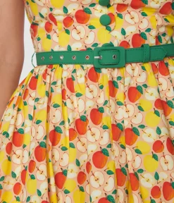 Unique Vintage Swing|Pocket Dresses>1950s Yellow & Red Apple Print Cotton Halter Swing Dress