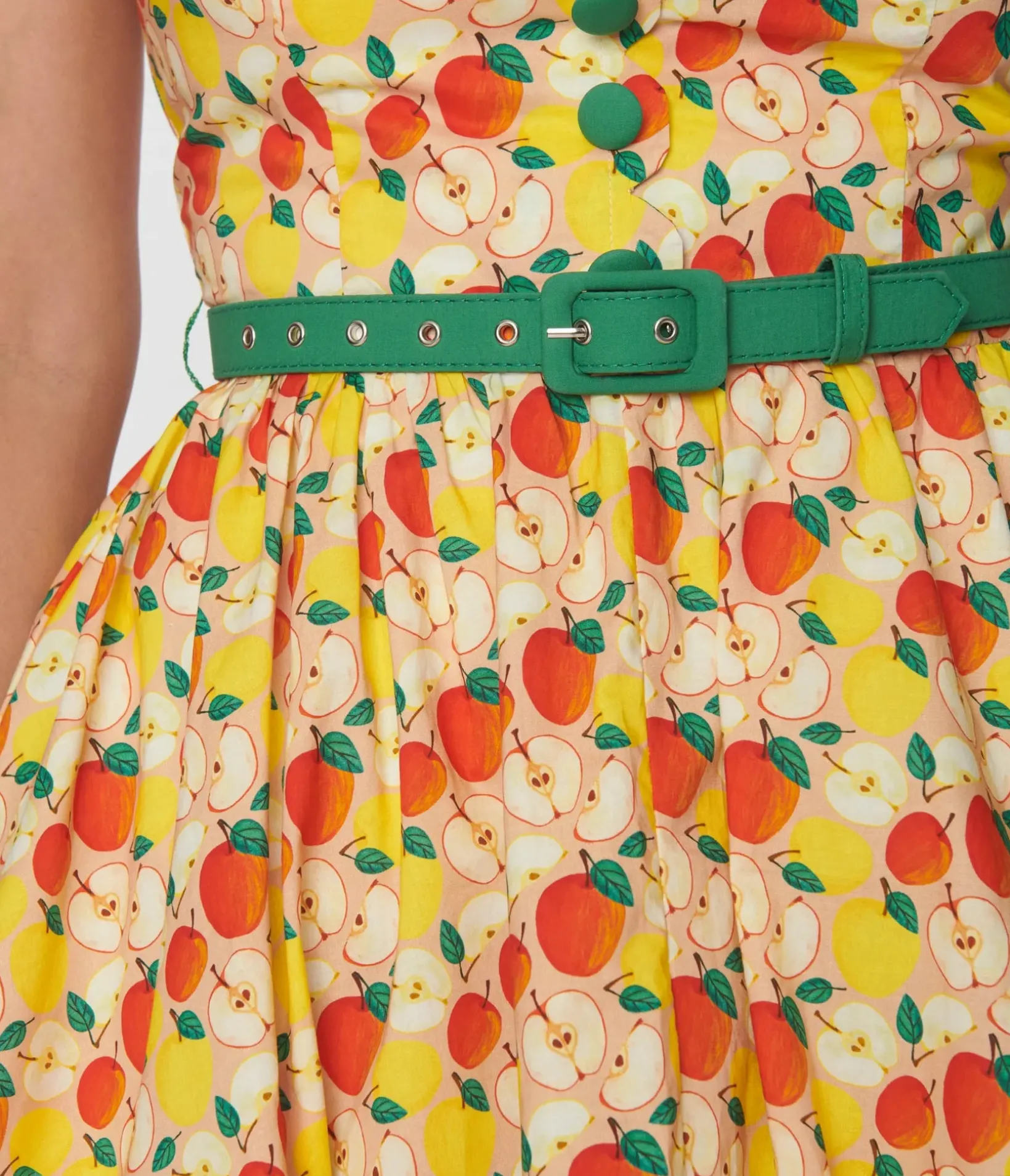 Unique Vintage Swing|Pocket Dresses>1950s Yellow & Red Apple Print Cotton Halter Swing Dress