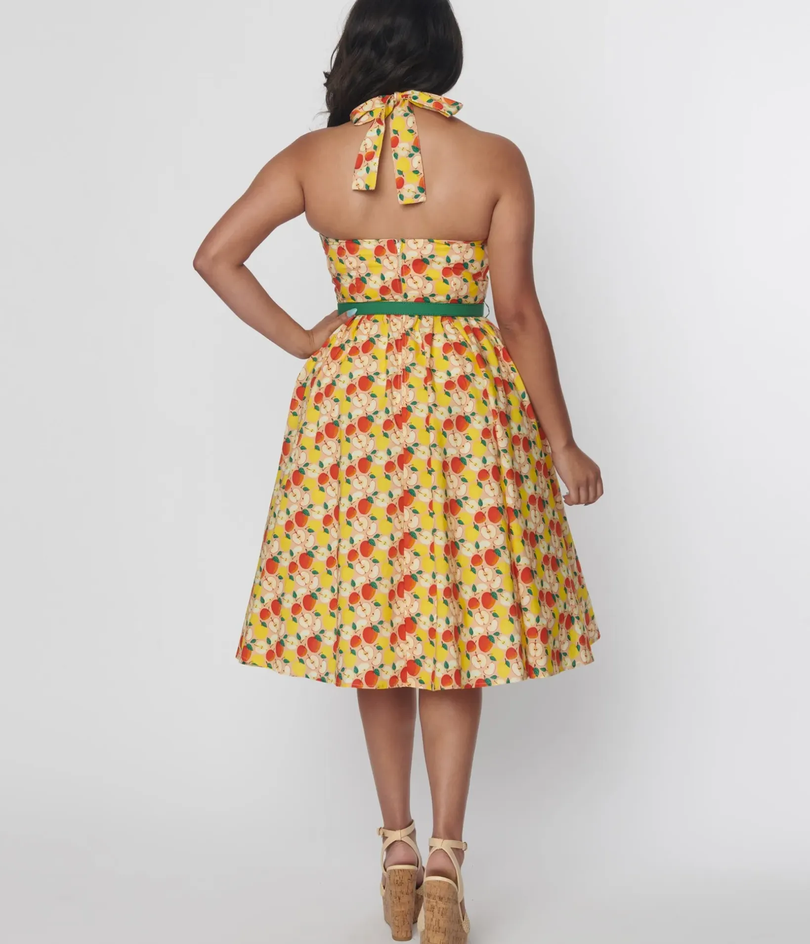 Unique Vintage Swing|Pocket Dresses>1950s Yellow & Red Apple Print Cotton Halter Swing Dress