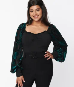 Unique Vintage All Things Black|Work Wear>Teal & Black Floral Velvet Burnout Bodysuit