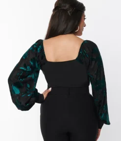 Unique Vintage All Things Black|Work Wear>Teal & Black Floral Velvet Burnout Bodysuit