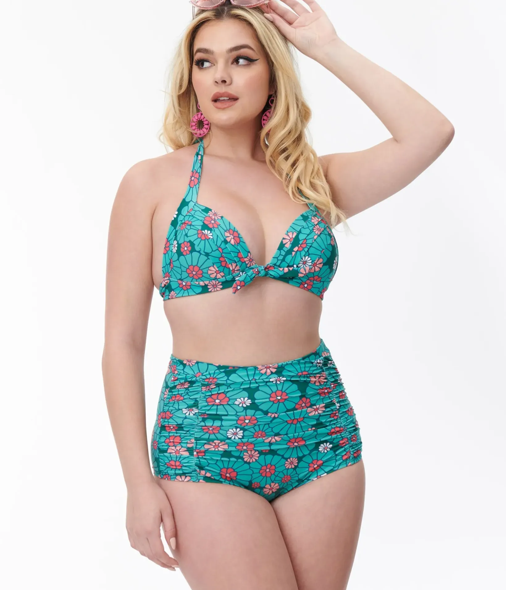 Unique Vintage Swim Tops|Two Piece Swim>Teal Flower Child Monroe Halter Swim Top